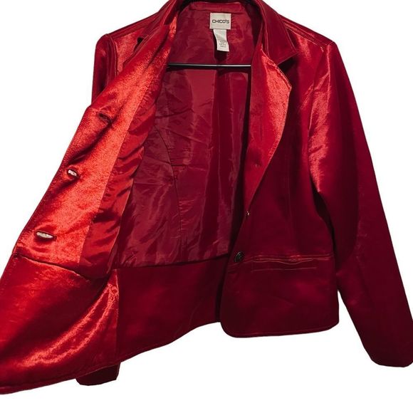 Chico’s Satin Liquid Like Ruby Red Silky Lux Long Sleeve Button Up Blazer Jacket - Picture 3 of 7
